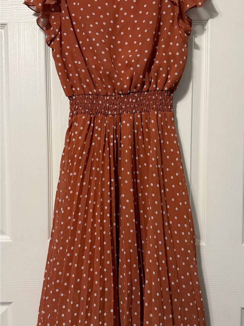 Indigo Rose Rust Polka Dot Smocked Midi Dress - Picture 2 of 7